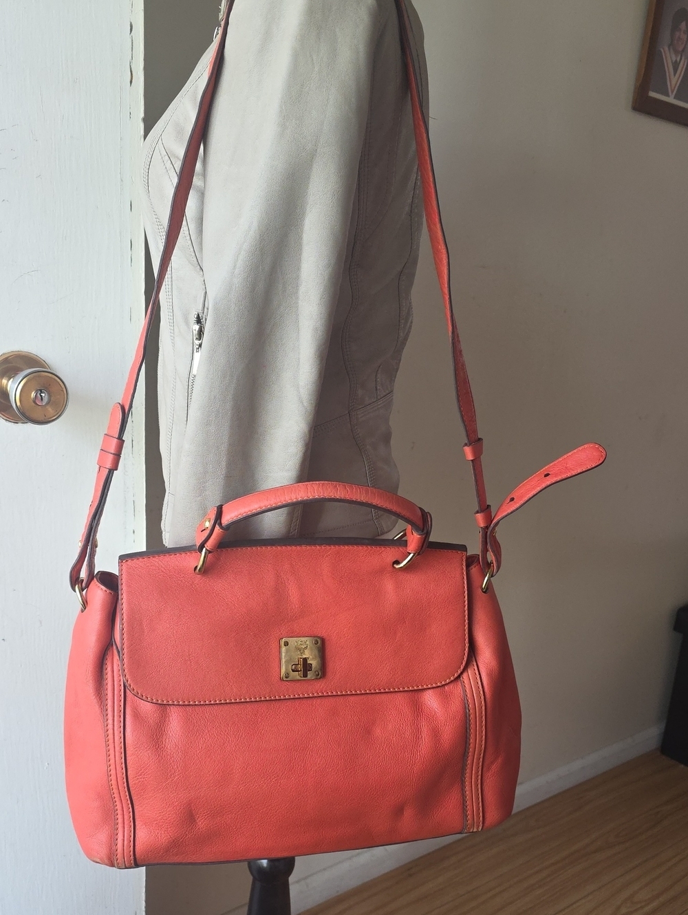 MCM Coral Leather Top-Handle Crossbody Bag